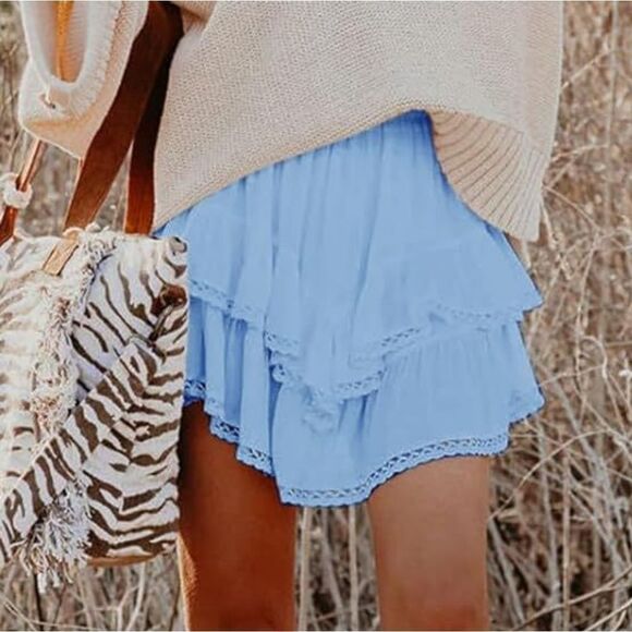 Light Blue Cowgirl Style Lace Trim Ruffled Skirt - Picture 4 of 4